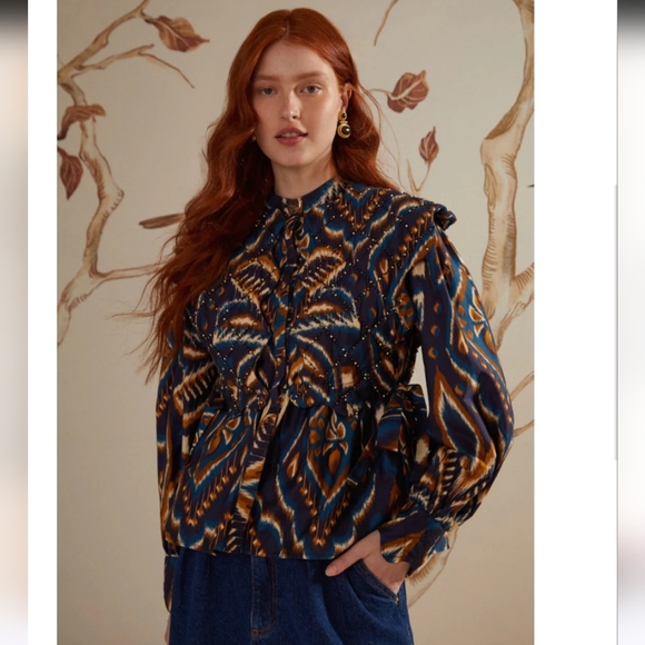 FARM Rio Pineapple Ikat Beaded Matelasse Button Front Euro Boho Top Blue NWT - Picture 2 of 16